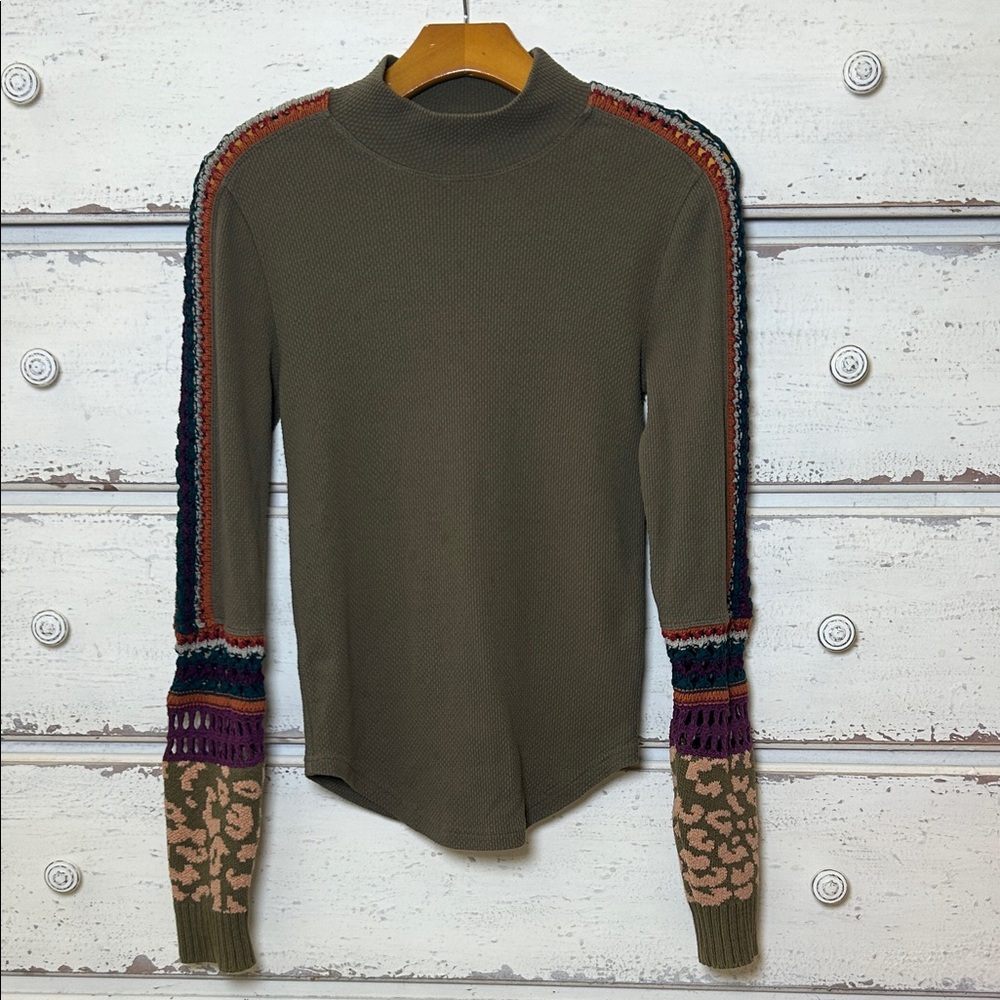 Free People Mock Neck Mixed Media Thermal Top Small Olive Green